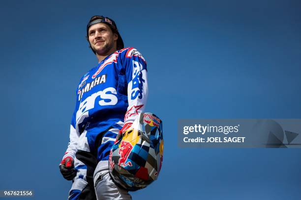 French freestyle motocross rider and world champion Tom Pages poses during a training session in Barcelona on May 26, 2018.