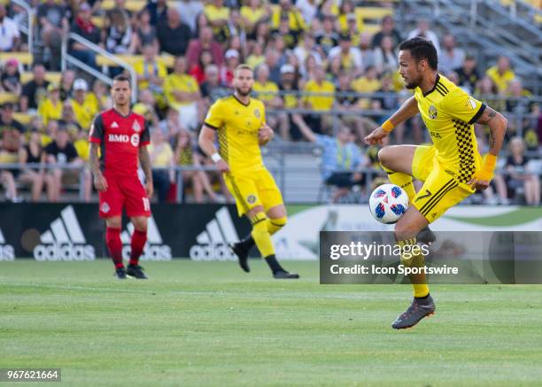 Artur of Columbus Crew SC controls the ball in the air during the game between the Columbus Crew SC and the Toronto FC at MAPFRE Stadium in Columbus,...