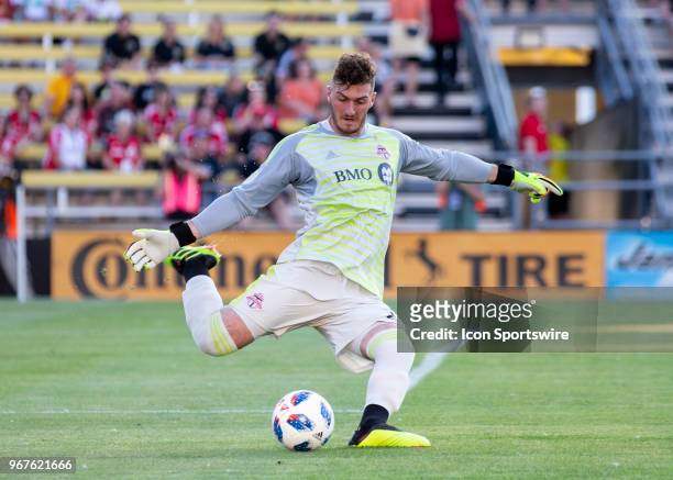 Alex Bono of Toronto FC kicks the ball during the game between the Columbus Crew SC and the Toronto FC at MAPFRE Stadium in Columbus, Ohio on June...