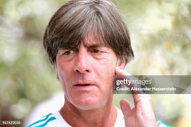 Joachim Loew, head coach of the German national team looks on during a media day of the German national team at Hotel Weinegg on day fourteen of the...