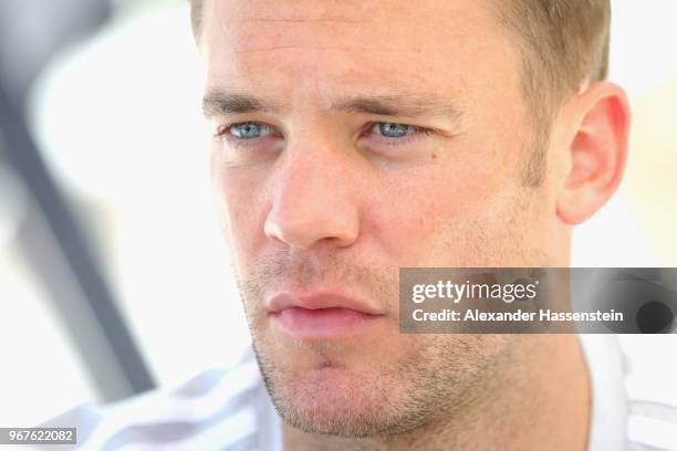 Manuel Neuer looks on during a media day of the German national team at Hotel Weinegg on day fourteen of the Southern Tyrol Training Camp on June 5,...