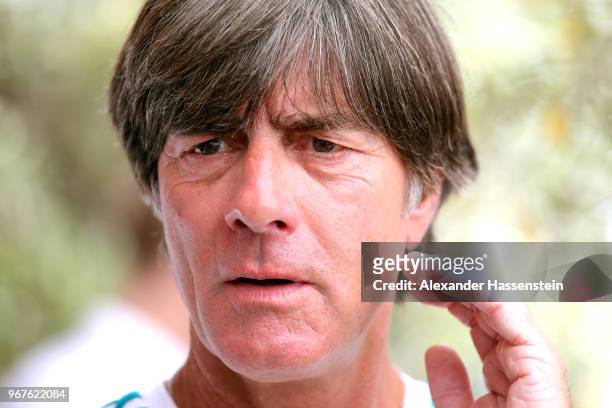 Joachim Loew, head coach of the German national team looks on during a media day of the German national team at Hotel Weinegg on day fourteen of the...