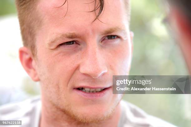 Marco Reus looks on during a media day of the German national team at Hotel Weinegg on day fourteen of the Southern Tyrol Training Camp on June 5,...