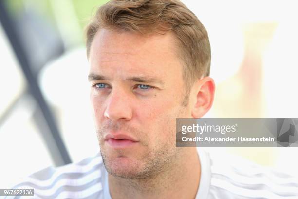 Manuel Neuer looks on during a media day of the German national team at Hotel Weinegg on day fourteen of the Southern Tyrol Training Camp on June 5,...