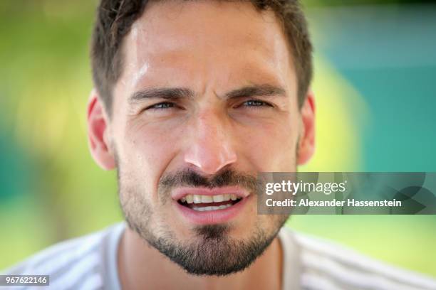 Mats Hummels looks on during a media day of the German national team at Hotel Weinegg on day fourteen of the Southern Tyrol Training Camp on June 5,...