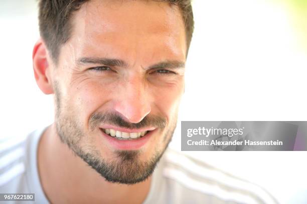 Mats Hummels looks on during a media day of the German national team at Hotel Weinegg on day fourteen of the Southern Tyrol Training Camp on June 5,...