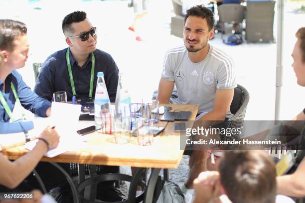 Mats Hummels looks on during a media day of the German national team at Hotel Weinegg on day fourteen of the Southern Tyrol Training Camp on June 5,...