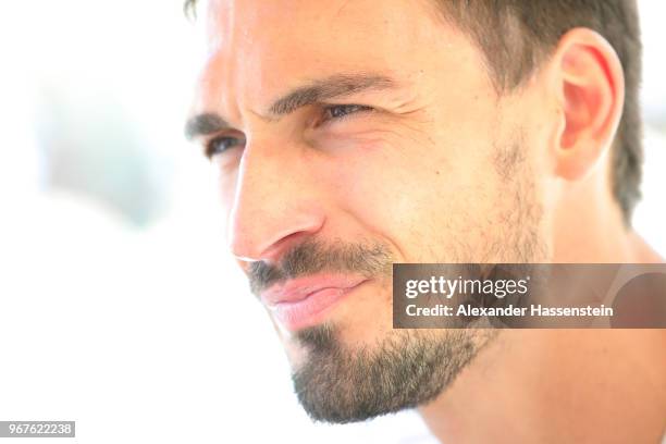 Mats Hummels looks on during a media day of the German national team at Hotel Weinegg on day fourteen of the Southern Tyrol Training Camp on June 5,...