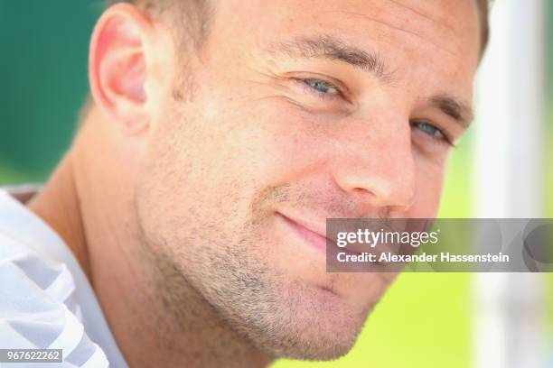 Manuel Neuer smiles during a media day of the German national team at Hotel Weinegg on day fourteen of the Southern Tyrol Training Camp on June 5,...