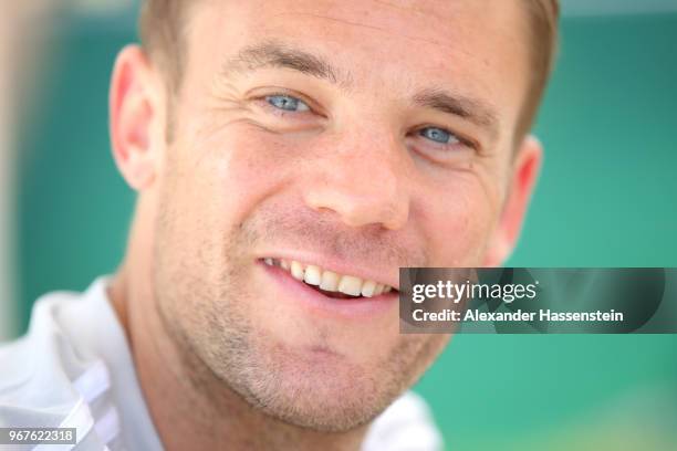 Manuel Neuer smiles during a media day of the German national team at Hotel Weinegg on day fourteen of the Southern Tyrol Training Camp on June 5,...