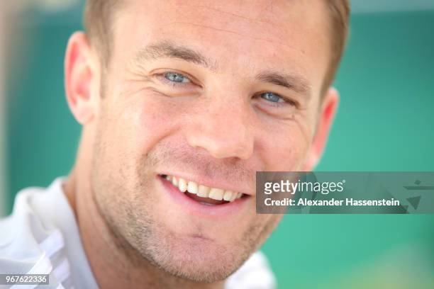 Manuel Neuer smiles during a media day of the German national team at Hotel Weinegg on day fourteen of the Southern Tyrol Training Camp on June 5,...
