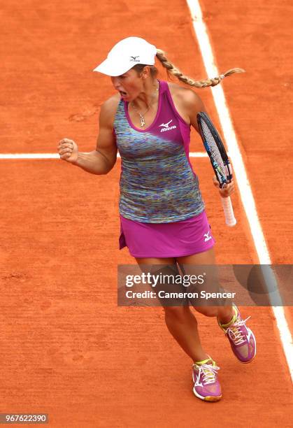 Yulia Putintseva of Kazhakstan celebrates during the ladies singles quarter finals match against Madison Keys of The United States during day ten of...