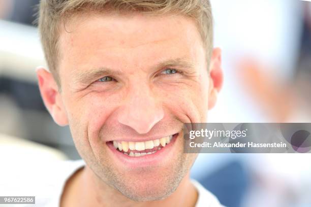 Thomas Mueller looks on during a media day of the German national team at Hotel Weinegg on day fourteen of the Southern Tyrol Training Camp on June...