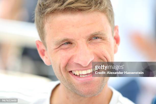Thomas Mueller looks on during a media day of the German national team at Hotel Weinegg on day fourteen of the Southern Tyrol Training Camp on June...