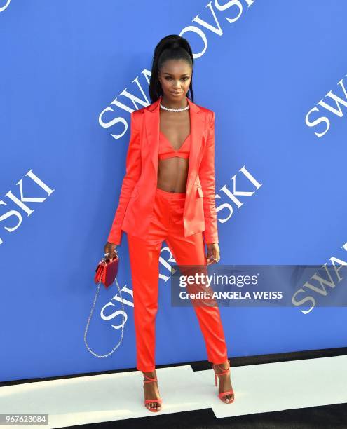 Leomie Anderson arrives for the 2018 CFDA Fashion awards June 4, 2018 at The Brooklyn Museum in New York.