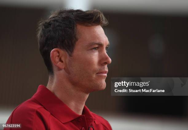 Arsenal Unveil New Signing Stephan Lichtsteiner at London Colney on June 5, 2018 in St Albans, England.