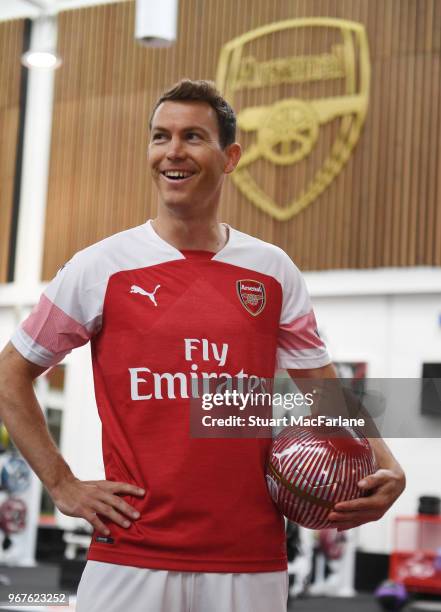 Arsenal Unveil New Signing Stephan Lichtsteiner at London Colney on June 5, 2018 in St Albans, England.