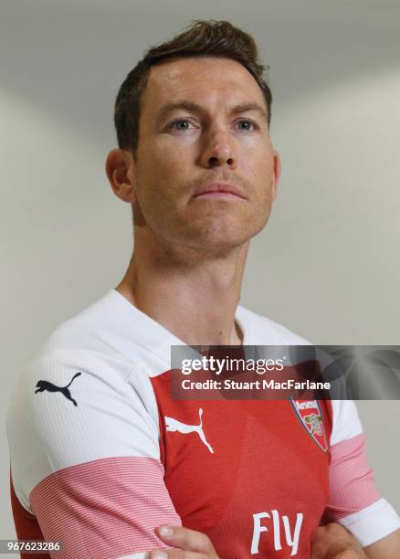 Arsenal Unveil New Signing Stephan Lichtsteiner at London Colney on June 5, 2018 in St Albans, England.