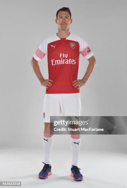 Arsenal Unveil New Signing Stephan Lichtsteiner at London Colney on June 5, 2018 in St Albans, England.