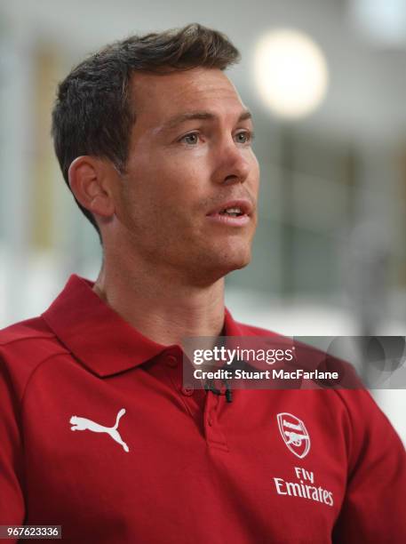 Arsenal Unveil New Signing Stephan Lichtsteiner at London Colney on June 5, 2018 in St Albans, England.