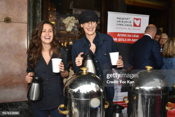 Ines de La Fressange and actress Lucie Lucas attend Petits Dejeuners du Coeur Mecenat Chirurgie Cardiaque Children Care Auction Breakfeast at Cafe de...