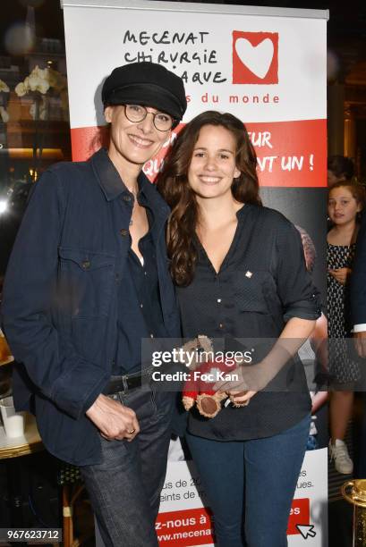 Ines de La Fressange and actress Lucie Lucas attend Petits Dejeuners du Coeur Mecenat Chirurgie Cardiaque Children Care Auction Breakfeast at Cafe de...