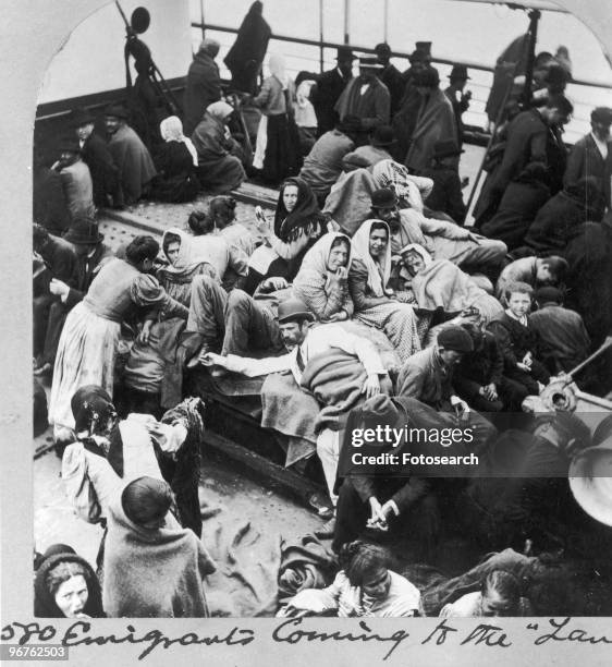 General View of Immigrants on Ellis Island, New York circa 1880.