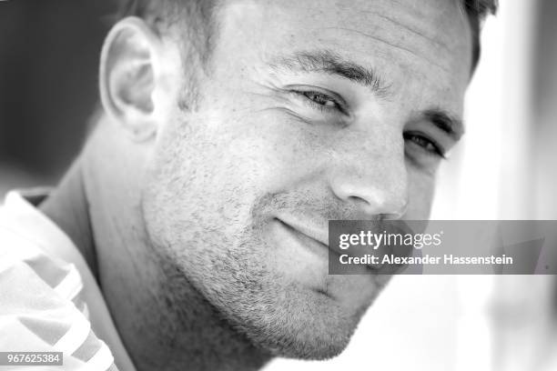 Manuel Neuer smiles during a media day of the German national team at Hotel Weinegg on day fourteen of the Southern Tyrol Training Camp on June 5,...