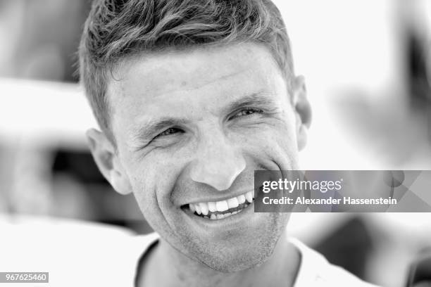 Thomas Mueller smiles during a media day of the German national team at Hotel Weinegg on day fourteen of the Southern Tyrol Training Camp on June 5,...