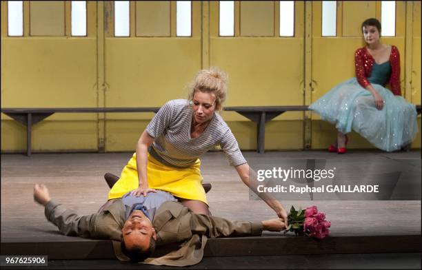 The Comedie Francaise performs "La Place Royale" of Pierre Corneille, directed by Anne-Laure Liegeois at "Le Vieux Colombier" theater on November 26,...