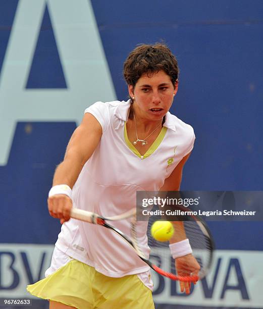 Spanish tennis player Carla Suarez returns a ball during her match against Kristina Antoniychuk of Ukrania as part of the WTA Bogota Tennis Tour on...