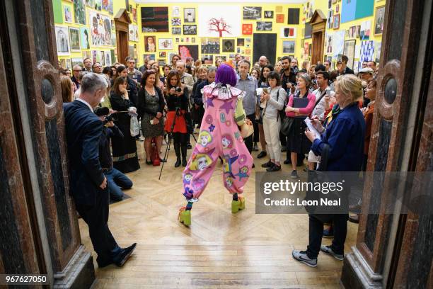 Artist Grayson Perry speaks to members of the media during a press preview of the 250th Summer Exhibition at Royal Academy of Arts on June 5, 2018 in...