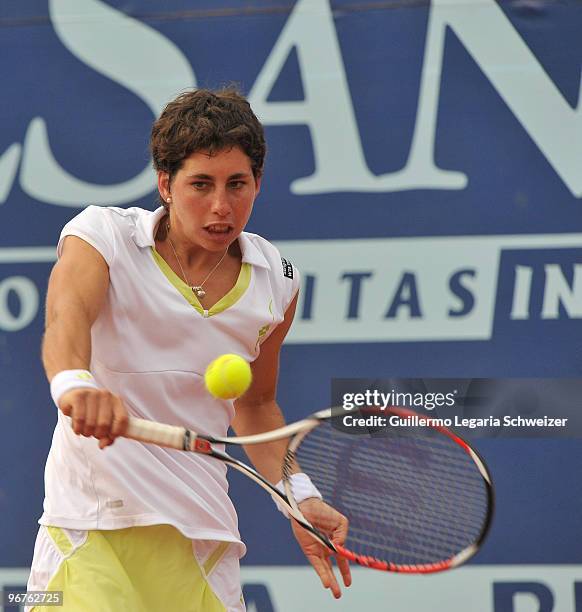 Spanish tennis player Carla Suarez returns a ball during her match against Kristina Antoniychuk of Ukrania as part of the WTA Bogota Tennis Tour on...