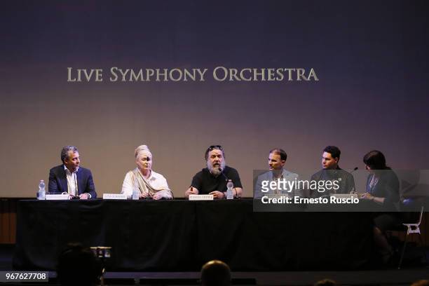 Marco Patrignani, Lisa Gerrard, Russell Crowe, Justin Freer and Brady Beaubein attend the 'Il Gladiatore In Concerto' presentation on June 5, 2018 in...