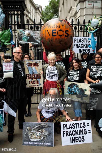 British fashion designer Dame Vivienne Westwood and her son Joe Corre stage an anti-fracking protest with campaigners outside Downing Street on June...