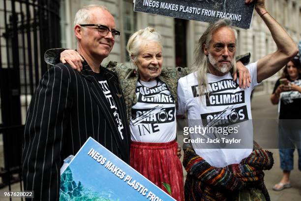 British fashion designer Dame Vivienne Westwood and her son Joe Corre stage an anti-fracking protest with campaigners outside Downing Street on June...