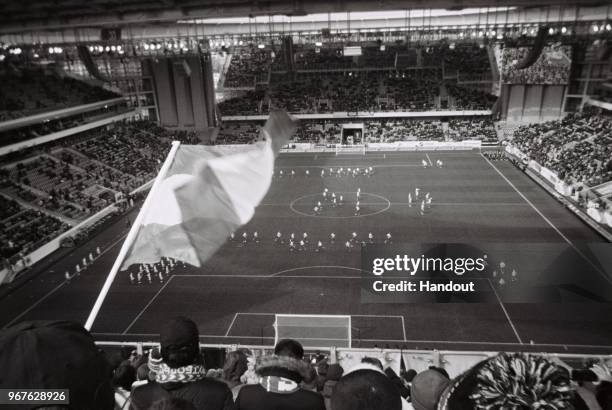 In this handout provided by Goal Click: Russia, Spartak fans during the match between FC Ural and Spartak Moscow on April 15, 2018 at the...