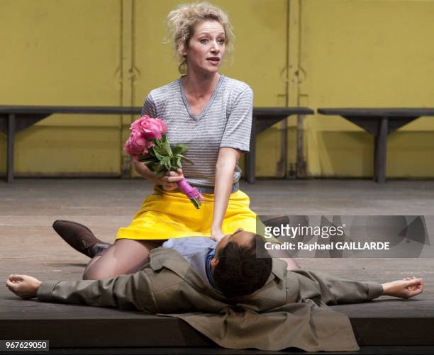 The Comedie Francaise performs "La Place Royale" of Pierre Corneille, directed by Anne-Laure Liegeois at "Le Vieux Colombier" theater on November 26,...