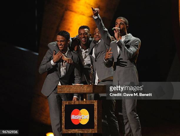 Aston Merrygold, Oritse Williams, Jonathan "JB" Gill and Marvin Humes of JLS receive the British Single Award on stage during The Brit Awards 2010,...
