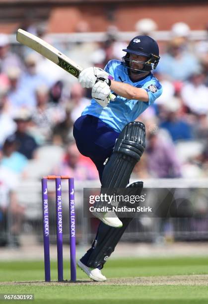 Adam Lyth of Yorkshire batting during the Royal London One Day Cup match between Lancashire and Yorkshire Vikings at Old Trafford on June 5, 2018 in...