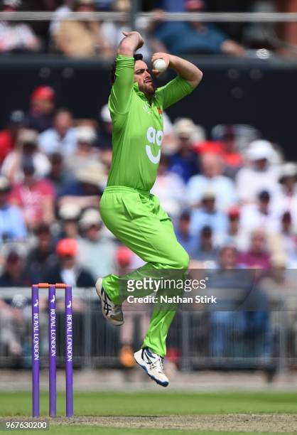 Stephen Parry of Lancashire runs into bowl during the Royal London One Day Cup match between Lancashire and Yorkshire Vikings at Old Trafford on June...
