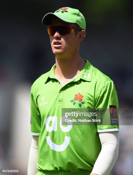 Keaton Jennings of of Lancashire looks on during the Royal London One Day Cup match between Lancashire and Yorkshire Vikings at Old Trafford on June...