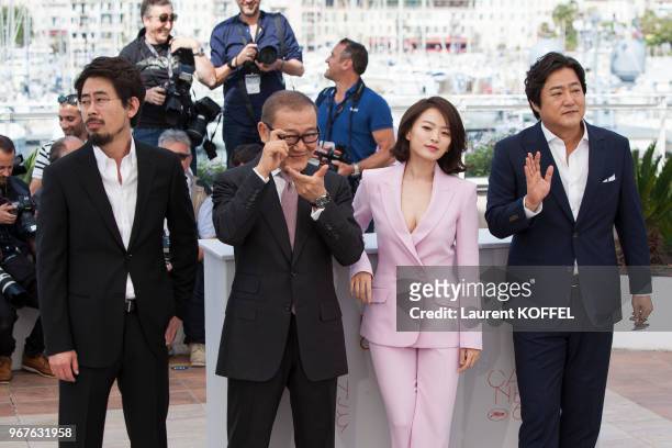 Na Hong-Jin, Kunimura Jun, Chun Woo Hee and Kwak Do Won attend 'The Strangers ' Photocall during the 69th annual Cannes Film Festival at the Palais...