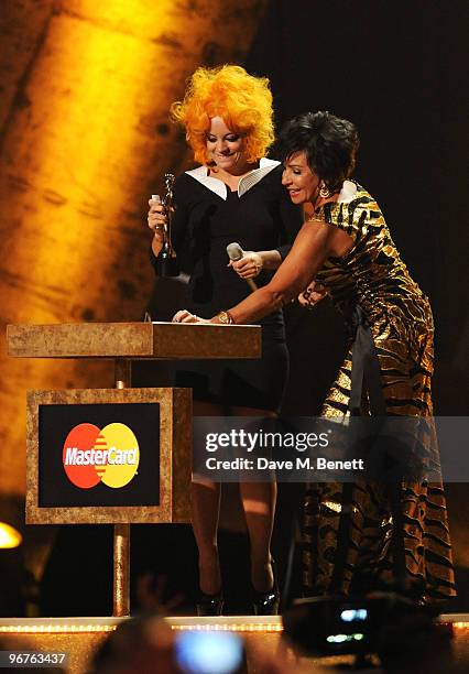 Lily Allen with her British Female Solo Artist Award presented by Dame Shirley Bassey on stage during The Brit Awards 2010, at Earls Court One on...