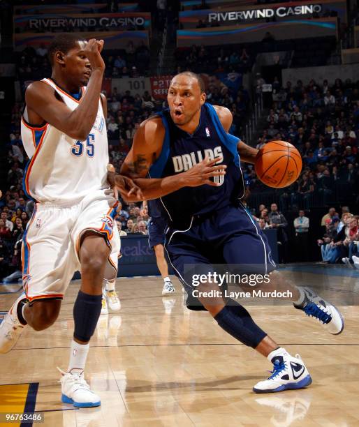 Shawn Marion of the Dallas Mavericks drives to the basket against Kevin Durant of the Oklahoma City Thunder on February 16, 2010 at the Ford Center...