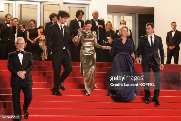 Louis Garrel, Marion Cotillard, Nicole Garcia and Alex Brendemuehl leave the 'From The Land Of The Moon ' premiere during the 69th annual Cannes Film...