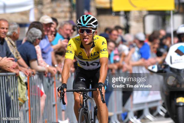 Arrival / Michal Kwiatkowski of Poland and Team Sky Yellow Leader Jersey / Crash / Injury / during the 70th Criterium du Dauphine 2018, Stage 2 a...
