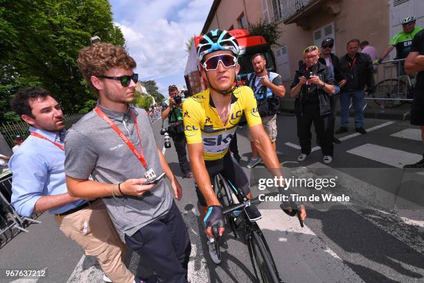 Arrival / Michal Kwiatkowski of Poland and Team Sky Yellow Leader Jersey / Injury / during the 70th Criterium du Dauphine 2018, Stage 2 a 181km stage...