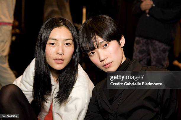 Liu Wen and Tao backstage at the the Marc By Marc Jacobs Spring 2010 fashion show during Mercedes-Benz Fashion Week at NY State Armory on February...