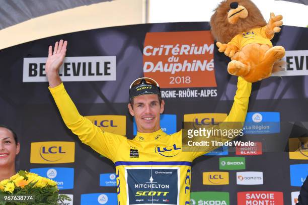 Podium / Daryl Impey of South Africa and Team Mitchelton-Scott Yellow Leader Jersey / Celebration / during the 70th Criterium du Dauphine 2018, Stage...